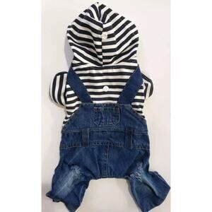 Dog/Pet Overall suit Denim/Navy Stripe T-shirt Hoodie Hood Snaps L New